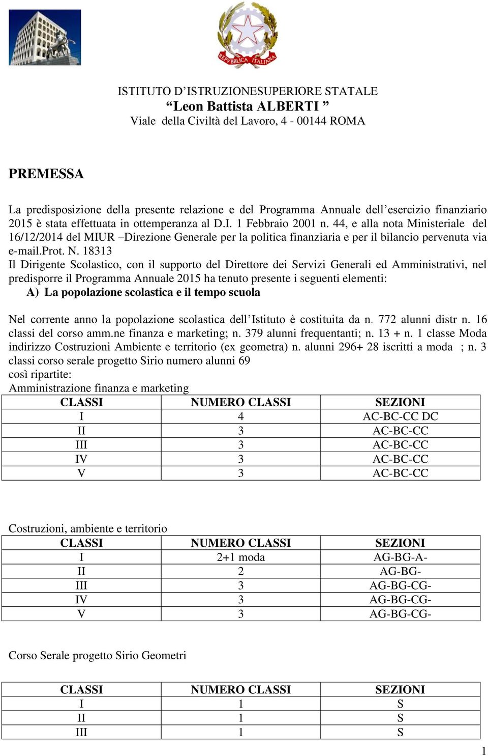 18313 Il Dirigente Scolastico, con il supporto del Direttore dei Servizi Generali ed Amministrativi, nel predisporre il Programma Annuale 2015 ha tenuto presente i seguenti elementi: A) La