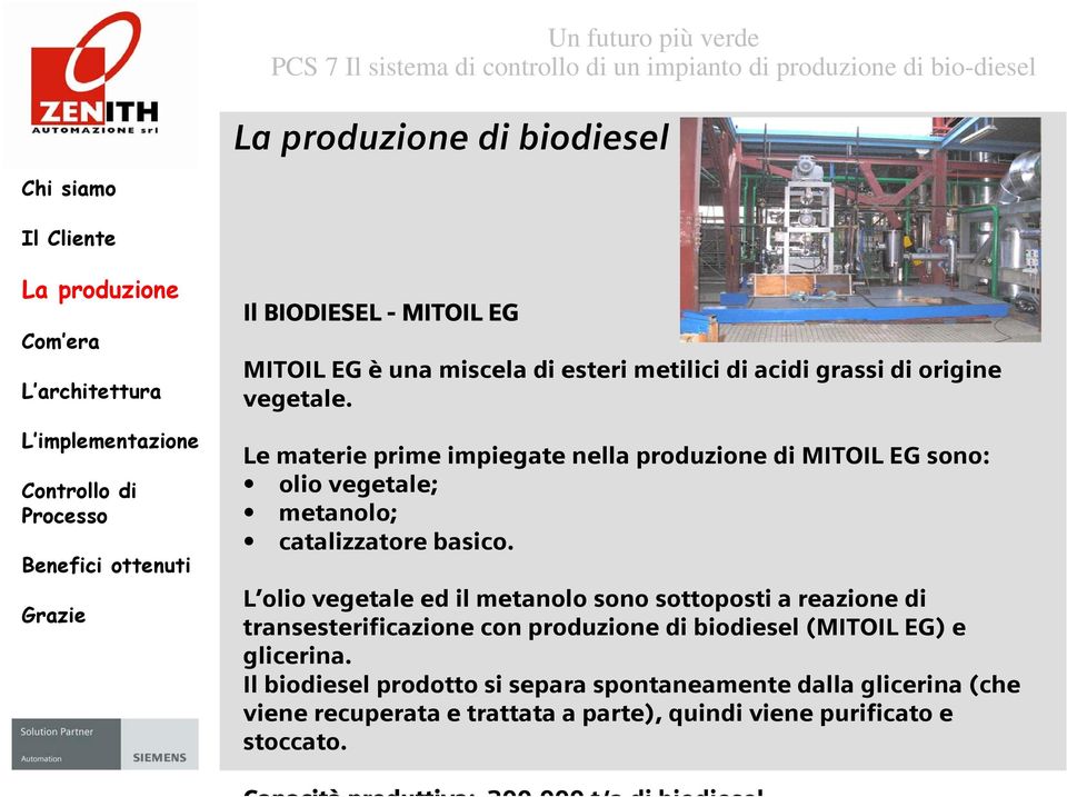 L olio vegetale ed il metanolo sono sottoposti a reazione di transesterificazione con produzione di biodiesel (MITOIL EG) e glicerina.