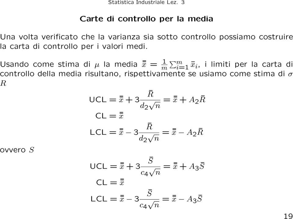 Usando come stima di µ la media x = m 1 mi=1 x i, i limiti per la carta di controllo della media risultano,