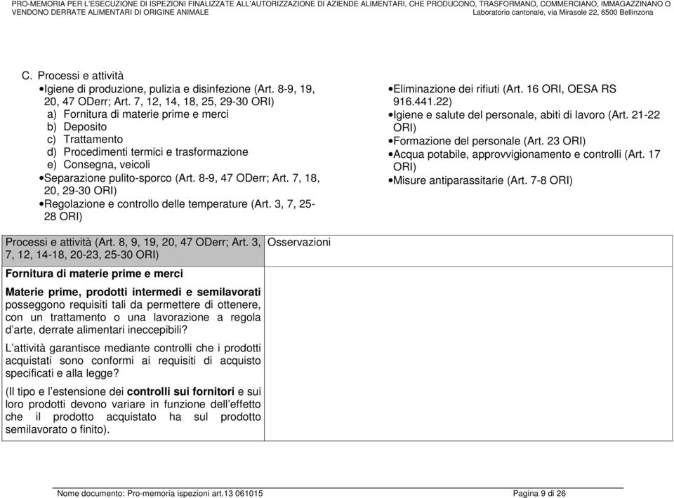 8-9, 47 ODerr; Art. 7, 18, 20, 29-30 ORI) Regolazione e controllo delle temperature (Art. 3, 7, 25-28 ORI) Eliminazione dei rifiuti (Art. 16 ORI, OESA RS 916.441.