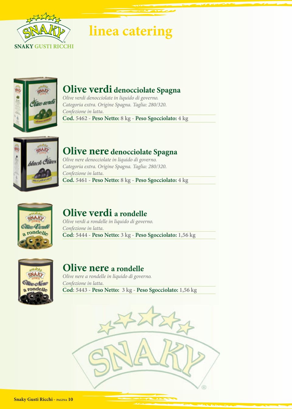 Taglia: 280/320. Cod. 5461 - Peso Netto: 8 kg - Peso Sgocciolato: 4 kg Olive verdi a rondelle Olive verdi a rondelle in liquido di governo.