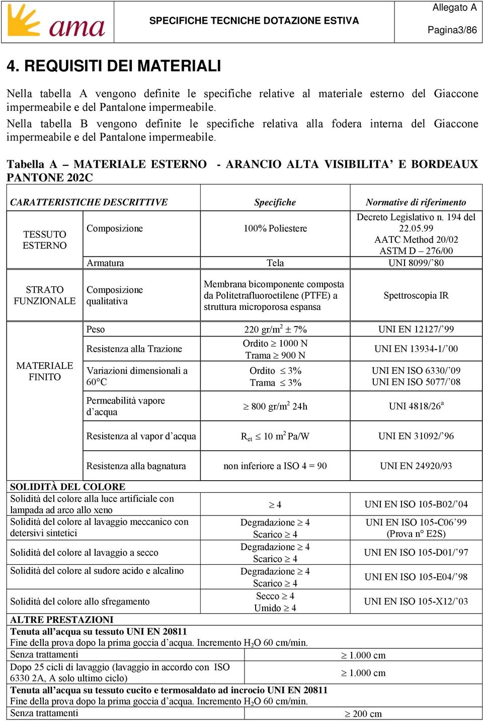 Tabella A MATERIALE ESTERNO - ARANCIO ALTA VISIBILITA E BORDEAUX PANTONE 202C CARATTERISTICHE DESCRITTIVE Specifiche Normative di riferimento TESSUTO ESTERNO Composizione 100% Poliestere Decreto