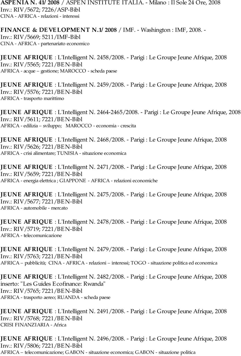 : RIV/5565; 7221/BEN-Bibl AFRICA - acque gestione; MAROCCO - scheda paese JEUNE AFRIQUE : L'Intelligent N. 2459/2008. - Parigi : Le Groupe Jeune Afrique, 2008 Inv.