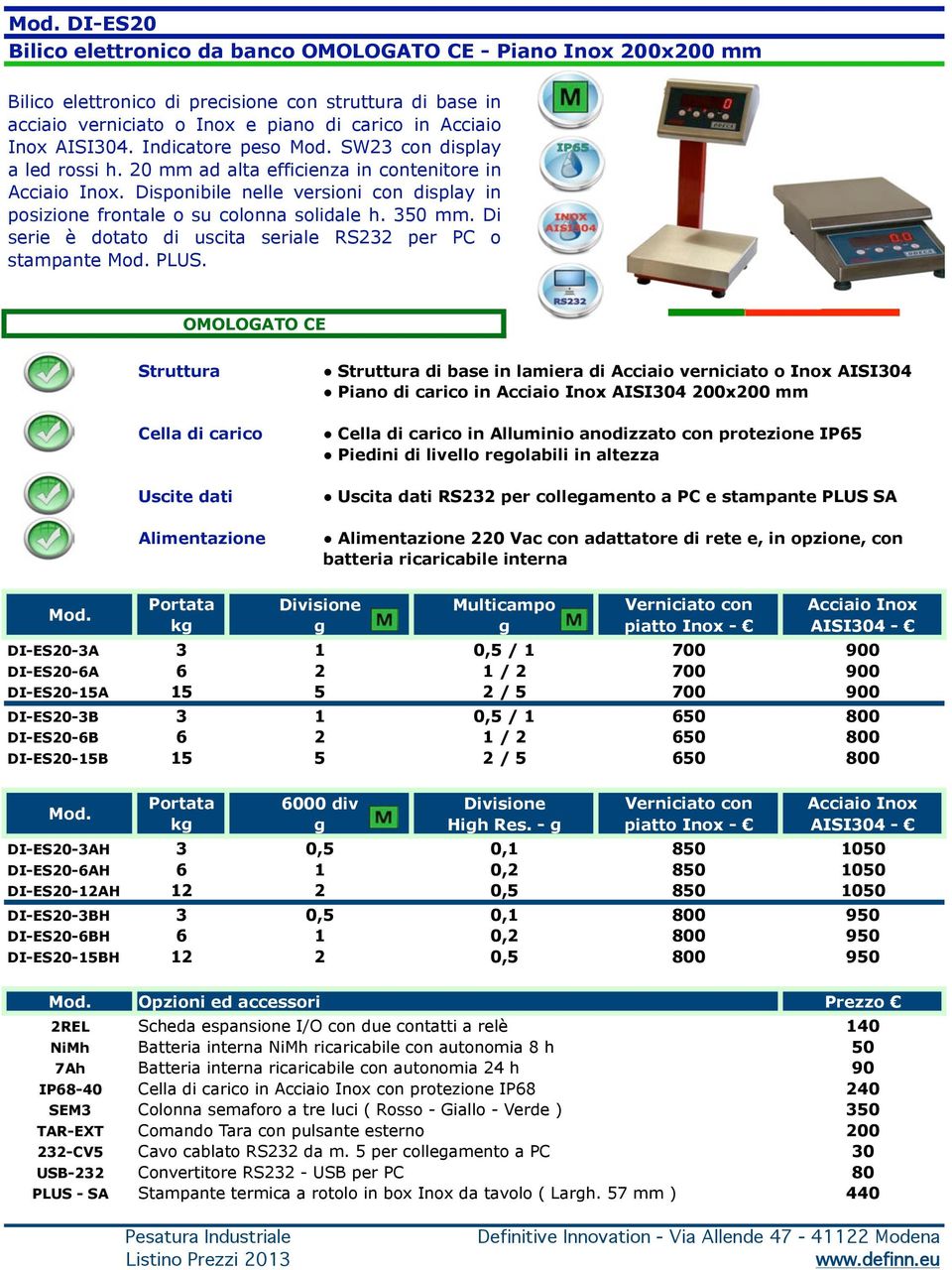 Di serie è dotato di uscita seriale RS232 per PC o stampante PLUS.