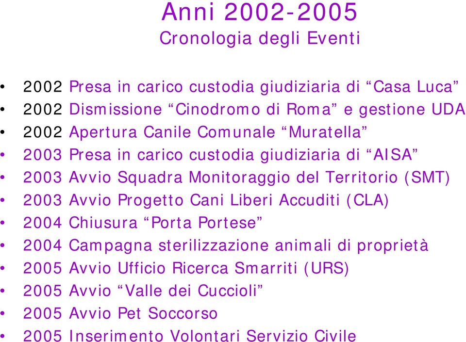 del Territorio (SMT) 2003 Avvio Progetto Cani Liberi Accuditi (CLA) 2004 Chiusura Porta Portese 2004 Campagna sterilizzazione animali di