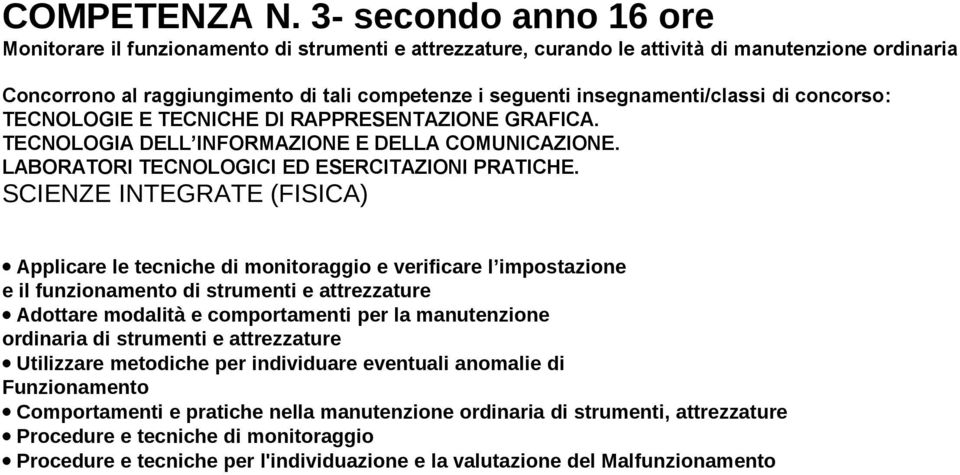 SCIENZE INTEGRATE (FISICA) Applicare le tecniche di monitoraggio e verificare l impostazione e il funzionamento di strumenti e attrezzature Adottare modalità e comportamenti per la manutenzione