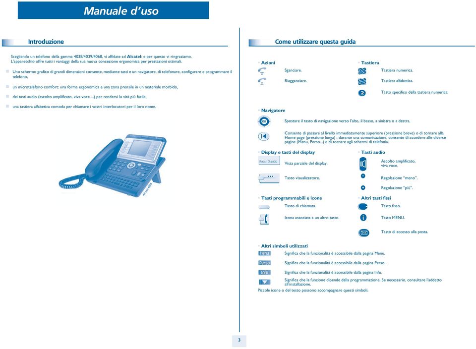 Azini Tastiera Un scherm grafic di grandi dimensini cnsente, mediante tasti e un navigatre, di telefnare, cnfigurare e prgrammare il telefn, Sganciare. Riagganciare. mn Tastiera numerica.