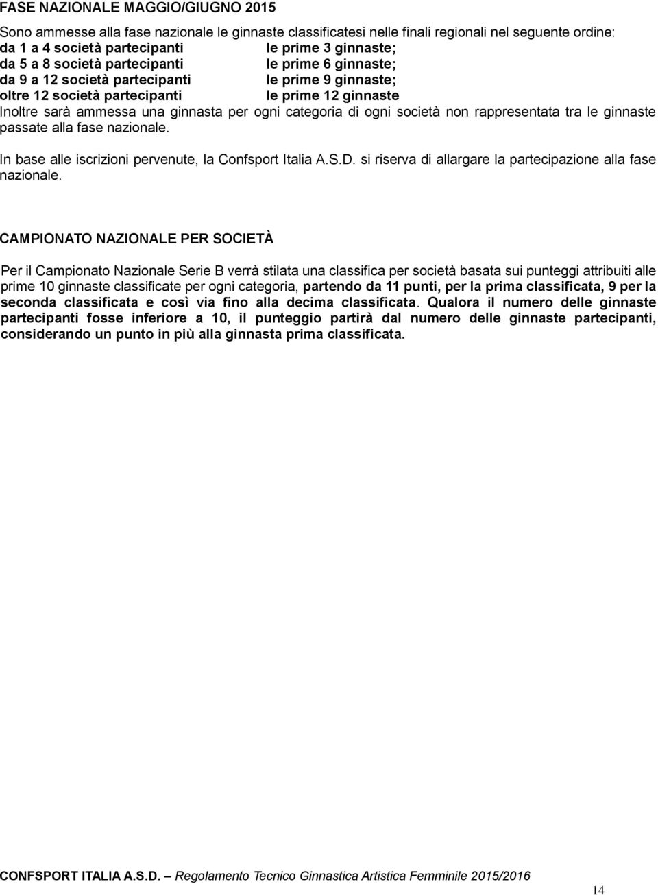 di ogni società non rappresentata tra le ginnaste passate alla fase nazionale. In base alle iscrizioni pervenute, la Confsport Italia A.S.D.