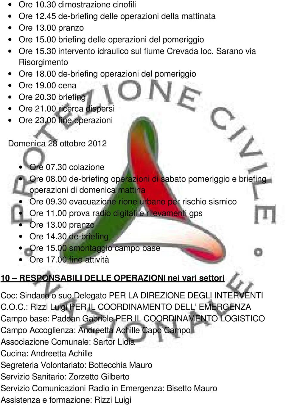 00 fine operazioni Domenica 28 ottobre 2012 Ore 07.30 colazione Ore 08.00 de-briefing operazioni di sabato pomeriggio e briefing operazioni di domenica mattina Ore 09.