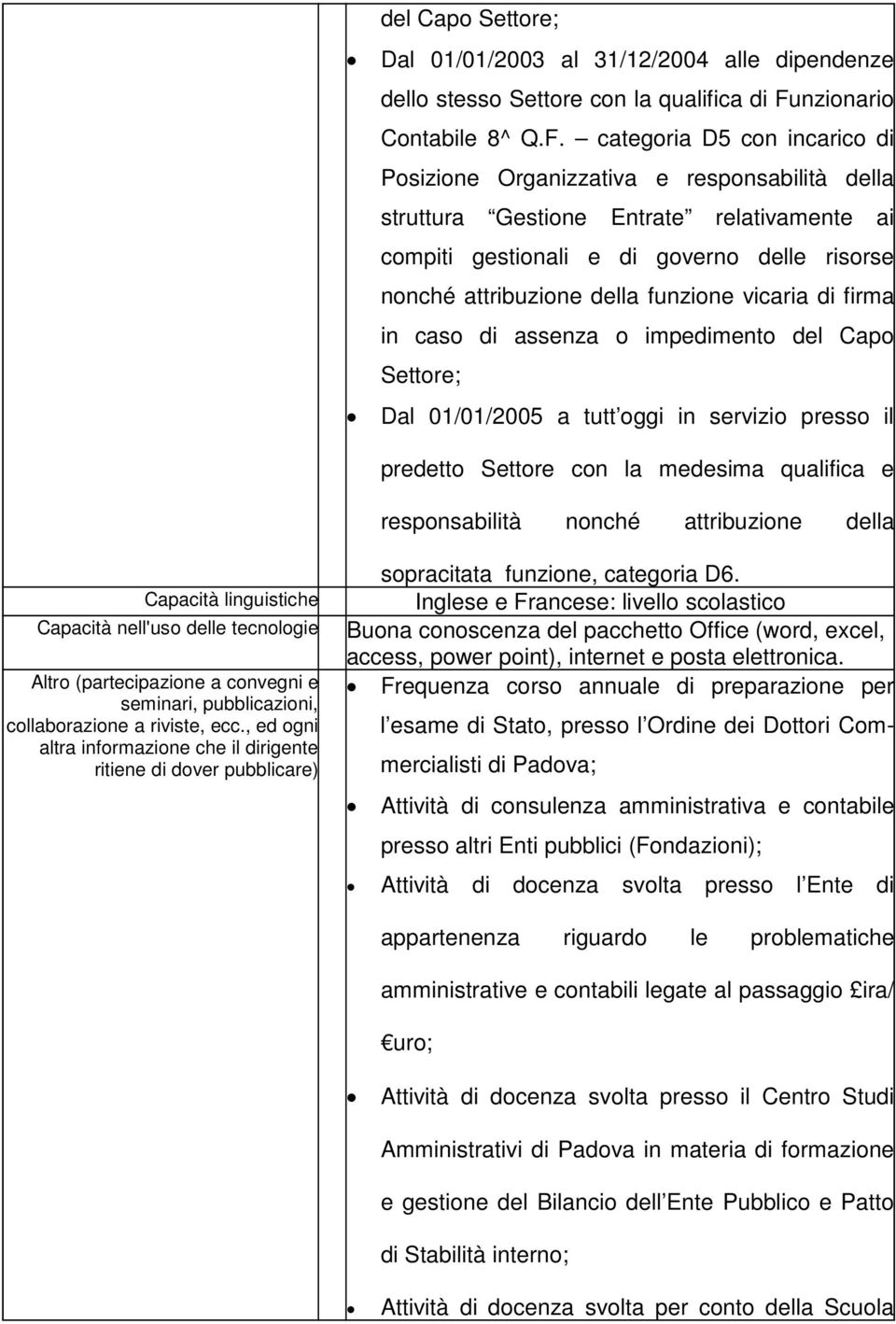 categoria D5 con incarico di Posizione Organizzativa e responsabilità della struttura Gestione Entrate relativamente ai compiti gestionali e di governo delle risorse nonché attribuzione della