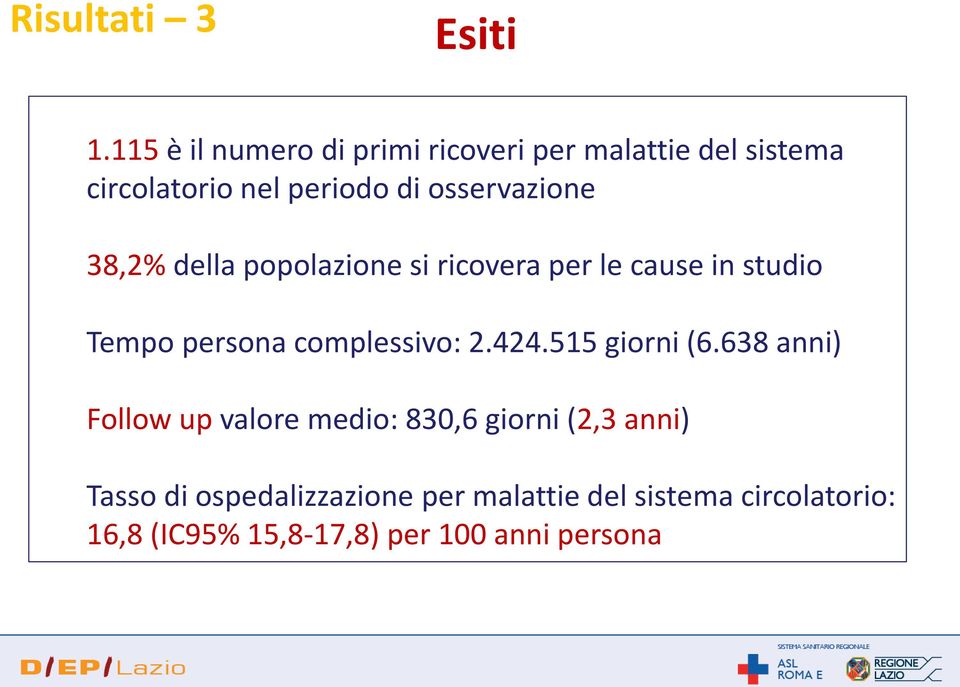 osservazione 38,2% della popolazione si ricovera per le cause in studio Tempo persona