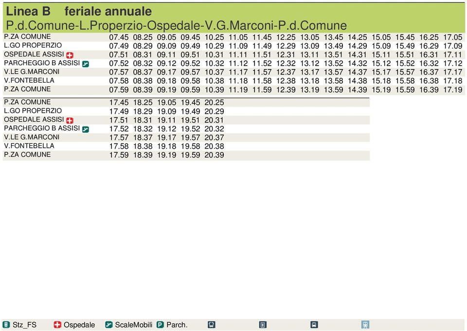 11 PARCHEGGIO B ASSISI 07.52 08.32 09.12 09.52 10.32 11.12 11.52 12.32 13.12 13.52 14.32 15.12 15.52 16.32 17.12 V.LE G.MARCONI 07.57 08.37 09.17 09.57 10.37 11.17 11.57 12.37 13.17 13.57 14.37 15.