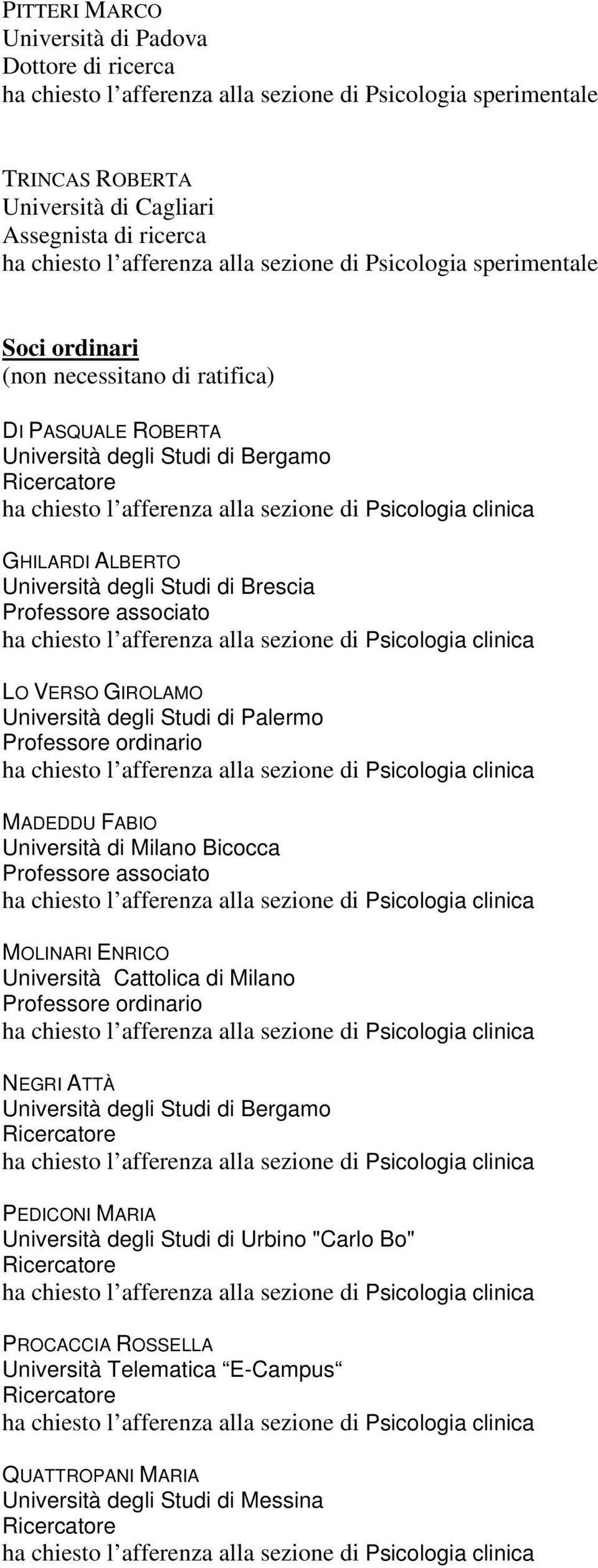 Studi di Palermo MADEDDU FABIO Università di Milano Bicocca MOLINARI ENRICO NEGRI ATTÀ Università degli Studi di Bergamo PEDICONI MARIA