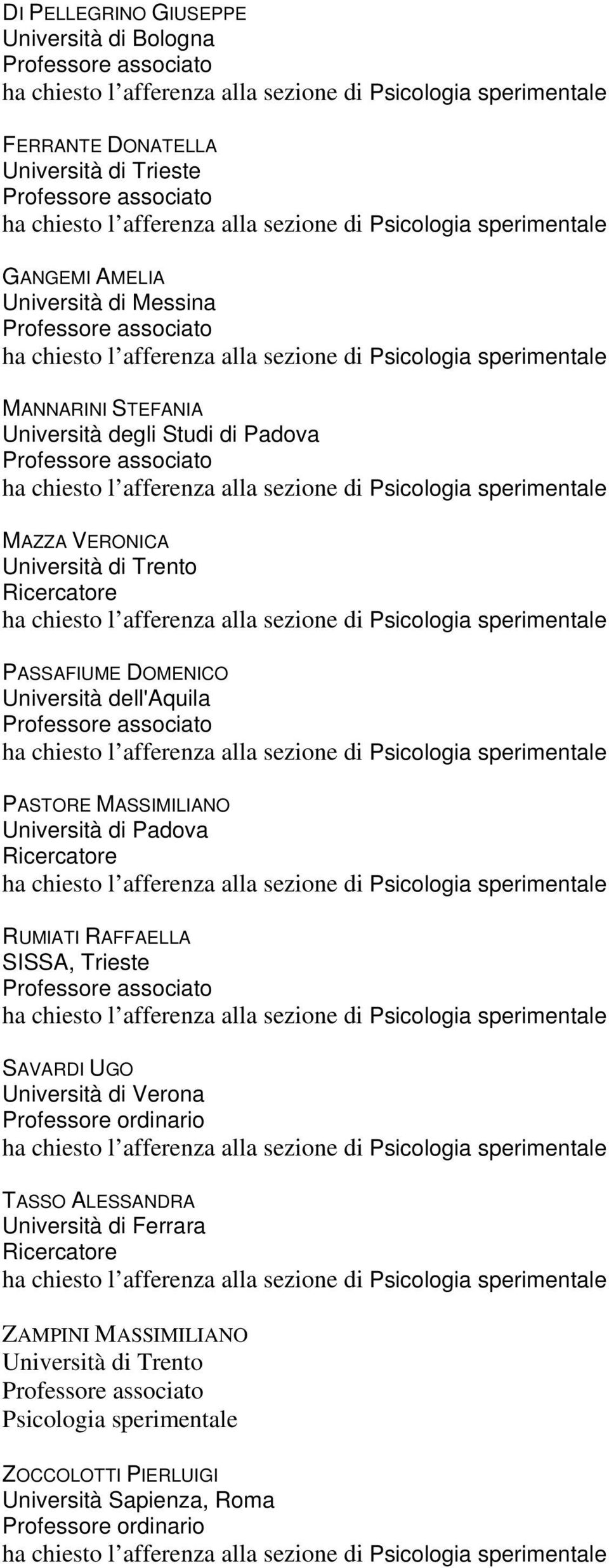 dell'aquila PASTORE MASSIMILIANO Università di Padova RUMIATI RAFFAELLA SISSA, Trieste SAVARDI UGO Università di