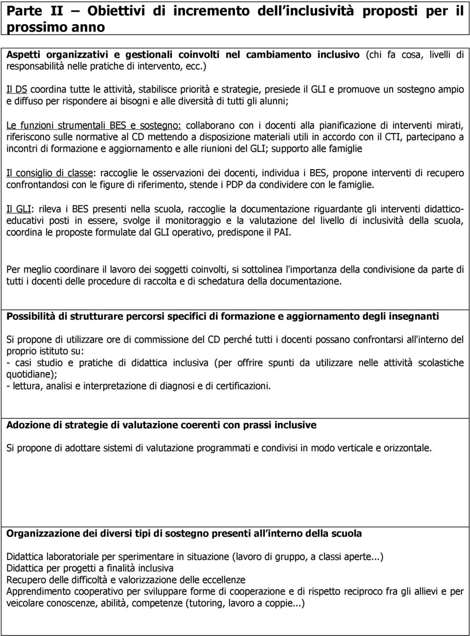 ) Il DS coordina tutte le attività, stabilisce priorità e strategie, presiede il GLI e promuove un sostegno ampio e diffuso per rispondere ai bisogni e alle diversità di tutti gli alunni; Le funzioni