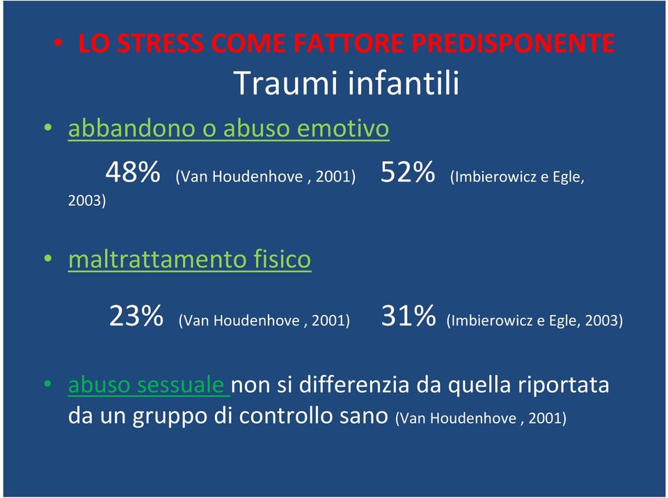 23% (Van Houdenhove, 2001) 31% (Imbierowicz e Egle, 2003) abuso sessuale non si