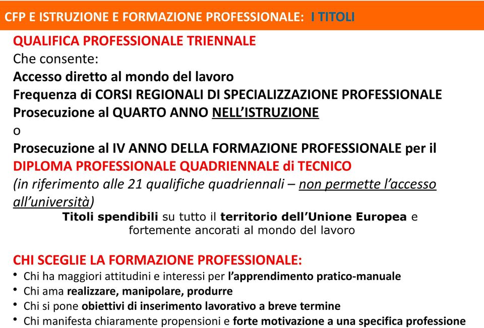 qualifiche quadriennali non permette l accesso all università) Titoli spendibili su tutto il territorio dell Unione Europea e fortemente ancorati al mondo del lavoro CHI SCEGLIE LA FORMAZIONE