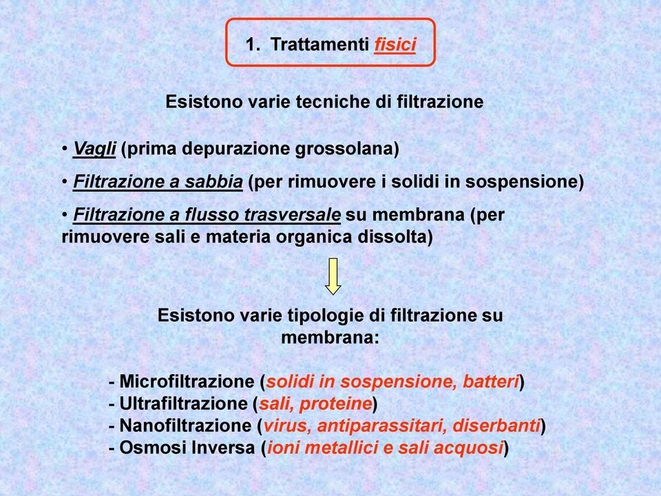 dissolta) Esistono varie tipologie di filtrazione su membrana: - Microfiltrazione (solidi in sospensione, batteri) -