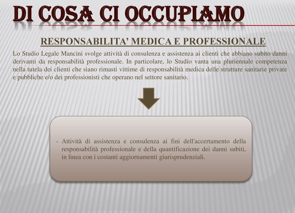 In particolare, lo Studio vanta una pluriennale competenza nella tutela dei clienti che siano rimasti vittime di responsabilità medica delle strutture