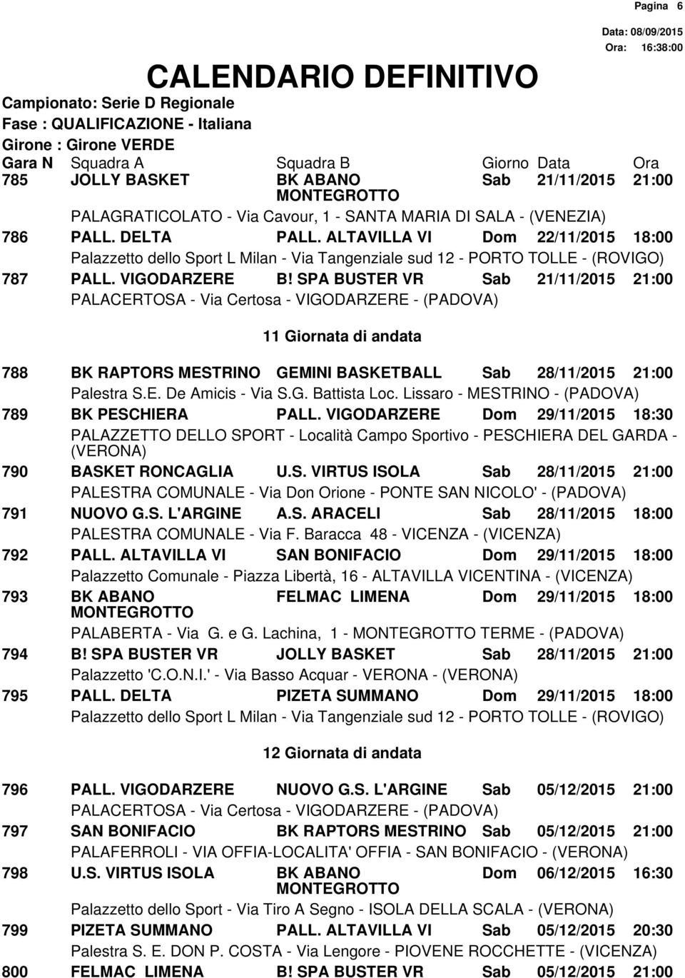 S. VIRTUS ISOLA Sab 28/11/2015 21:00 791 NUOVO G.S. L'ARGINE A.S. ARACELI Sab 28/11/2015 18:00 792 PALL.