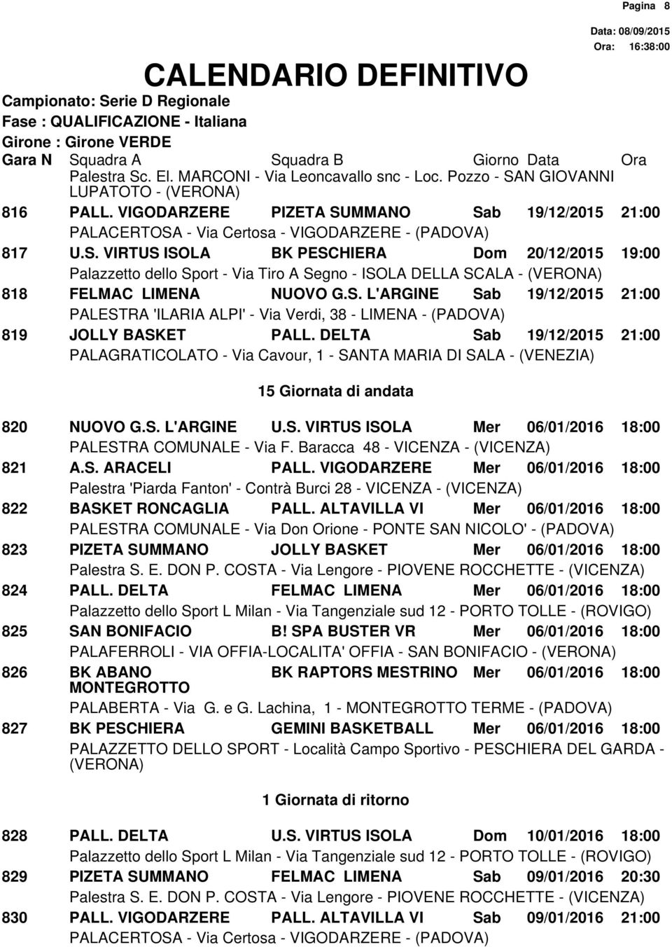 VIGODARZERE Mer 06/01/2016 18:00 822 BASKET RONCAGLIA PALL. ALTAVILLA VI Mer 06/01/2016 18:00 823 PIZETA SUMMANO JOLLY BASKET Mer 06/01/2016 18:00 824 PALL.