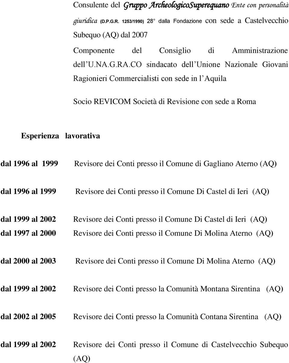 CO sindacato dell Unione Nazionale Giovani Ragionieri Commercialisti con sede in l Aquila Socio REVICOM Società di Revisione con sede a Roma Esperienza lavorativa dal 1996 al 1999 Revisore dei Conti