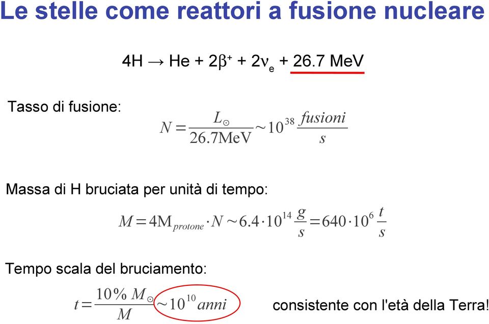 7MeV s Massa di H bruciata per unità di tempo: g 6 t M =4M protone N 6.