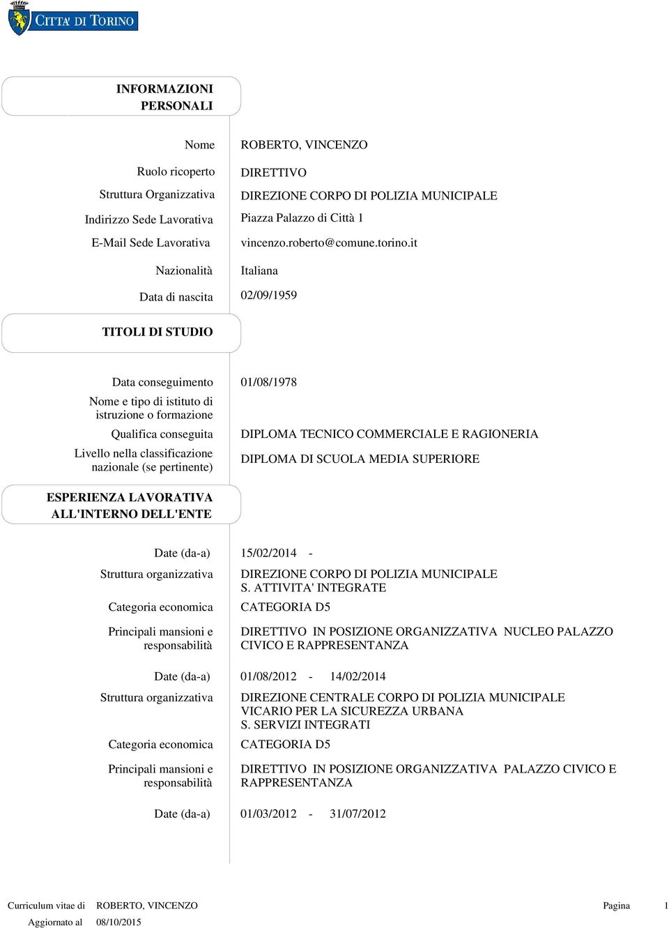 it Italiana 02/09/1959 TITOLI DI STUDIO Qualifica conseguita Livello nella classificazione nazionale (se pertinente) 01/08/1978 DIPLOMA TECNICO COMMERCIALE E RAGIONERIA DIPLOMA DI SCUOLA MEDIA