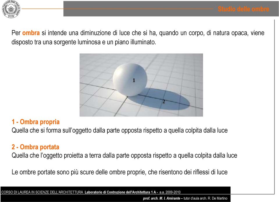 1 - Ombra propria Quella che si forma sull oggetto dalla parte opposta rispetto a quella colpita dalla luce 2 - Ombra