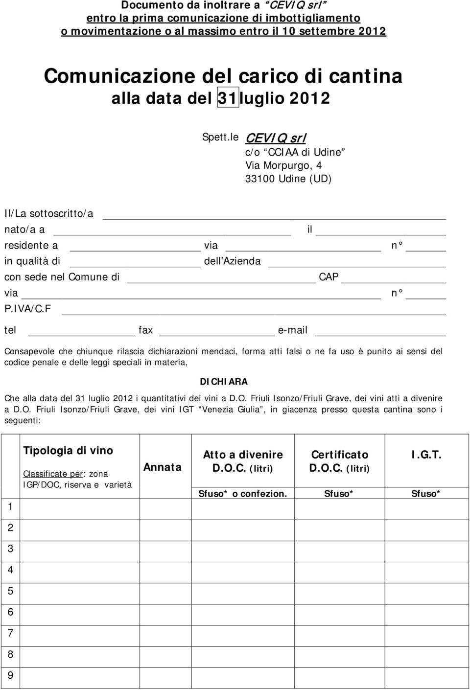 F tel fax e-mail Consapevole che chiunque rilascia dichiarazioni mendaci, forma atti falsi o ne fa uso è punito ai sensi del codice penale e delle leggi speciali in materia, DICHIARA Che alla data