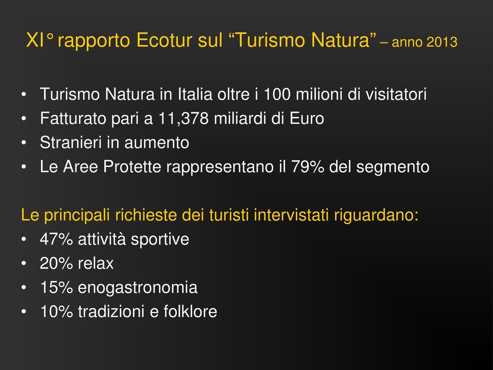 Aree Protette rappresentano il 79% del segmento Le principali richieste dei turisti