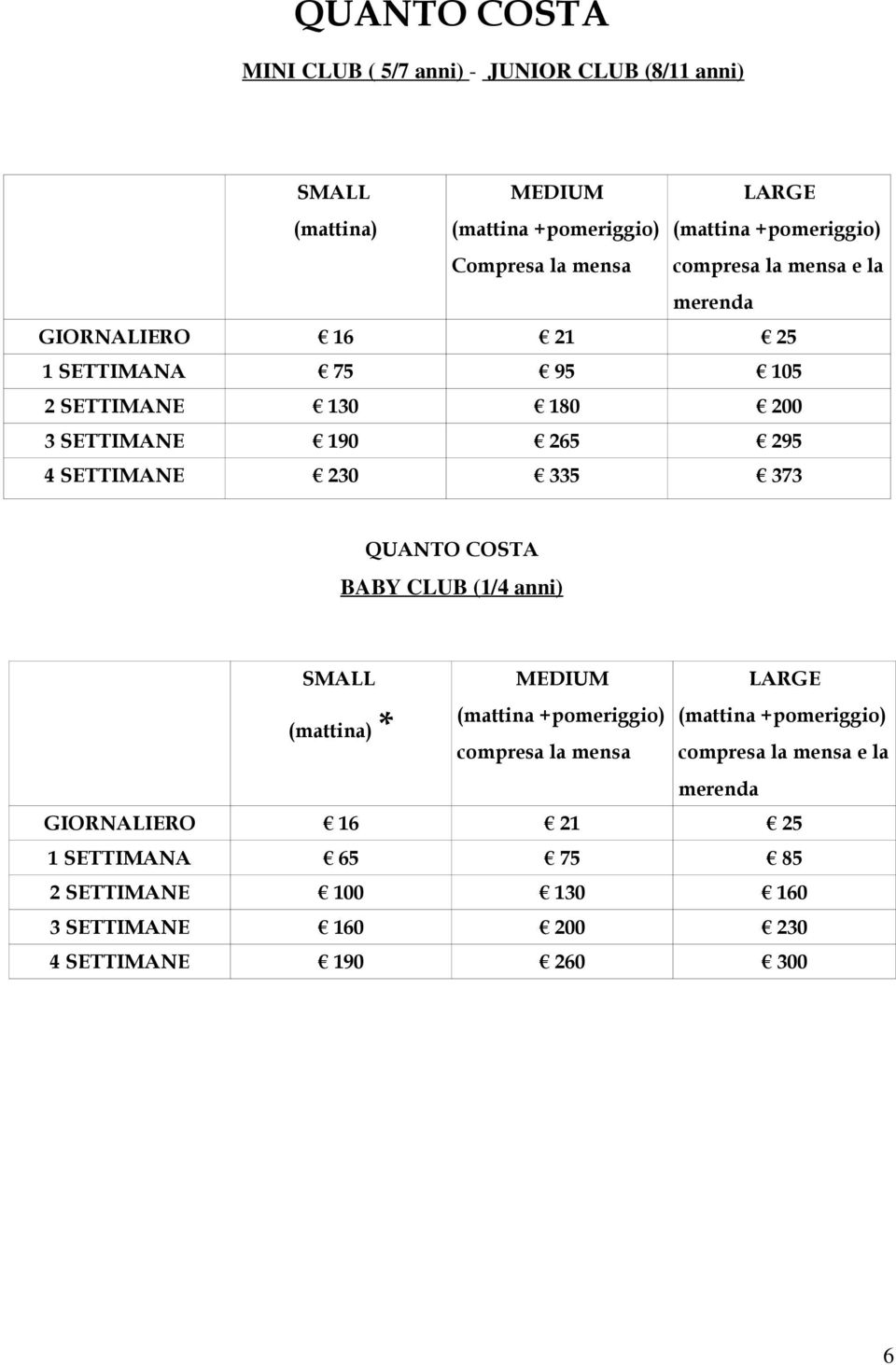 230 335 373 QUANTO COSTA BABY CLUB (1/4 anni) (mattina) * compresa la mensa compresa la mensa e la merenda