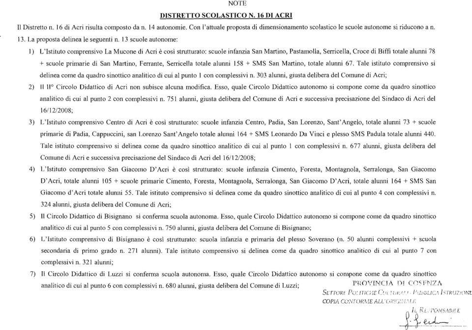 13 scuole autonome: 1) L'Istituto comprensivo La Mucone di Acri è così strutturato: scuole infanzia San Martino, Pastamolla, Serricella, Croce di Biffi totale alunni 78 + scuole primarie di San