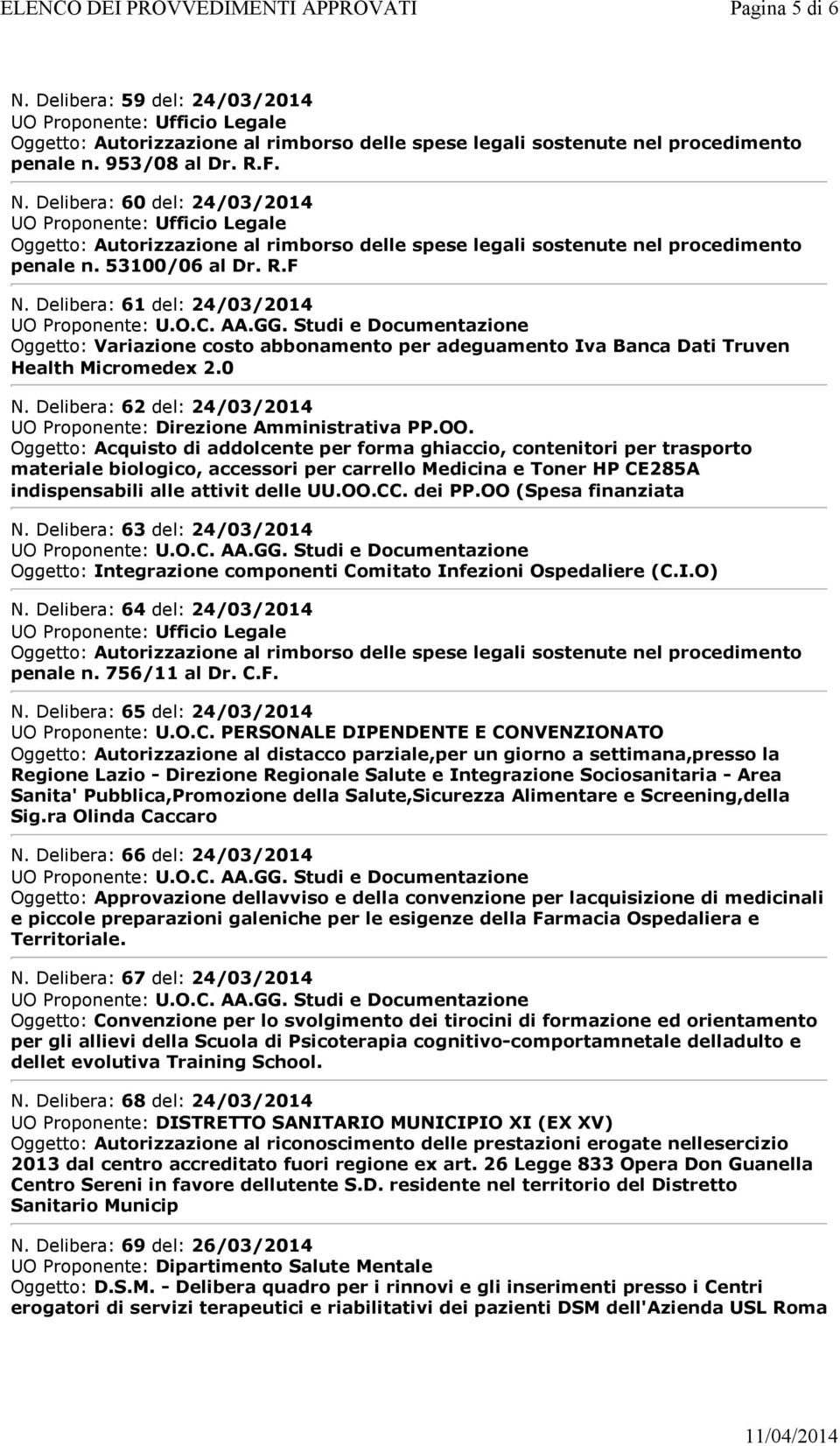 Delibera: 62 del: 24/03/2014 UO Proponente: Direzione Amministrativa PP.OO.