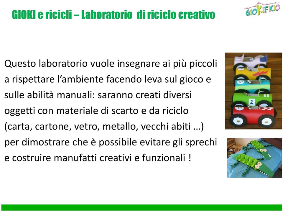 diversi oggetti con materiale di scarto e da riciclo (carta, cartone, vetro, metallo, vecchi