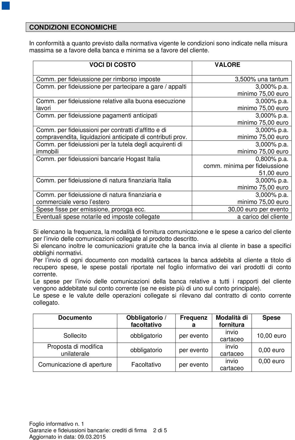 per fideiussione pagamenti anticipati Comm. per fideiussioni per contratti d affitto e di compravendita, liquidazioni anticipate di contributi prov. Comm. per fideiussioni per la tutela degli acquirenti di immobili Comm.