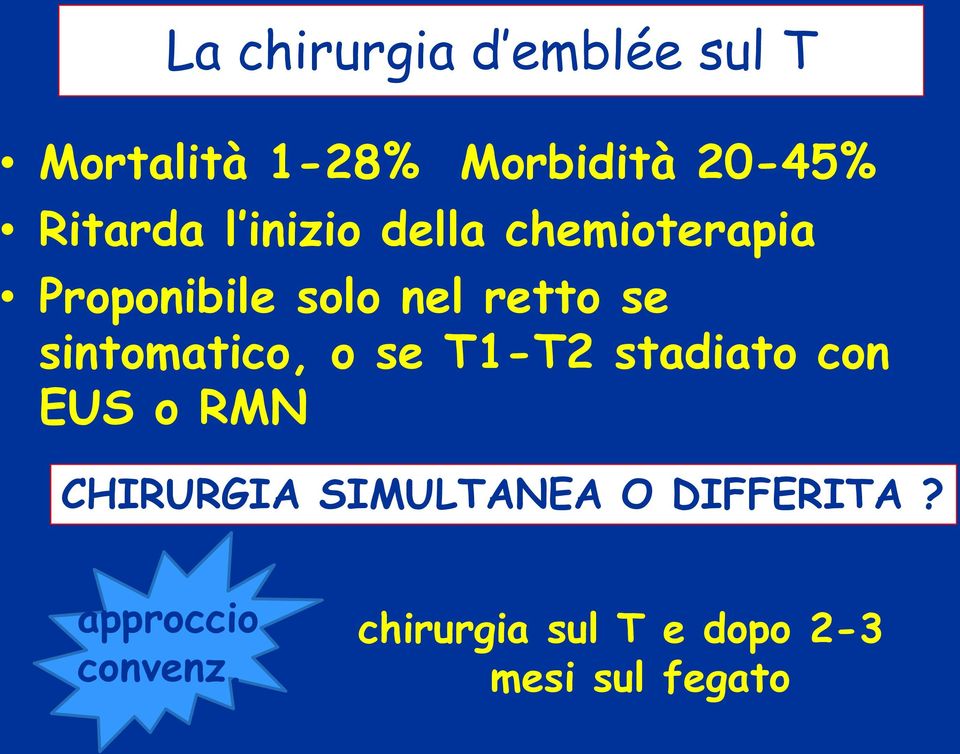 sintomatico, o se T1-T2 stadiato con EUS o RMN CHIRURGIA SIMULTANEA