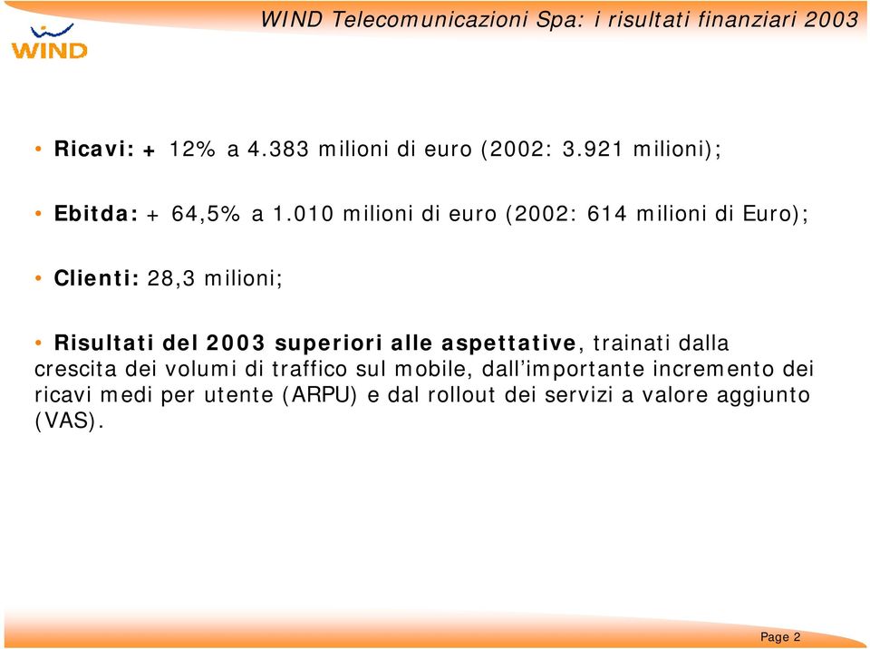 010 milioni di euro (2002: 614 milioni di Euro); Clienti: 28,3 milioni; Risultati del 2003 superiori alle