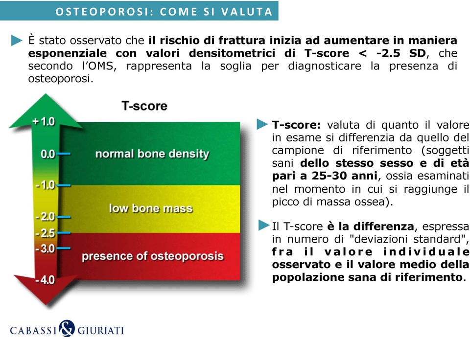 T-score: valuta di quanto il valore in esame si differenzia da quello del campione di riferimento (soggetti sani dello stesso sesso e di età pari a 25-30 anni,