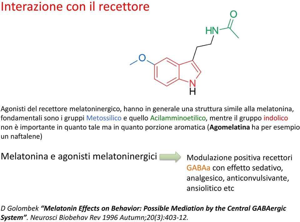 esempio un naftalene) Melatonina e agonisti melatoninergici Modulazione positiva recettori GABAa con effetto sedativo, analgesico, anticonvulsivante,