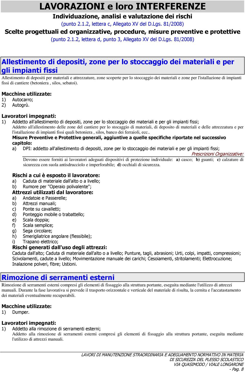 81/2008) Allestimento di depositi, zone per lo stoccaggio dei materiali e per gli impianti fissi Allestimento di depositi per materiali e attrezzature, zone scoperte per lo stoccaggio dei materiali e