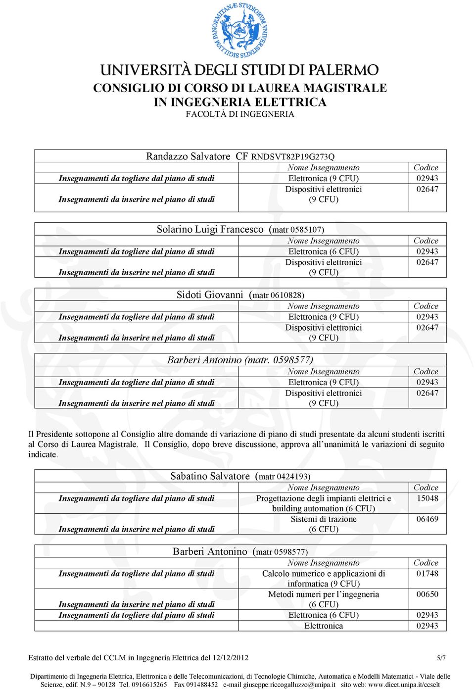 0598577) Insegnamenti da togliere dal piano di studi Elettronica 02943 Il Presidente sottopone al Consiglio altre domande di variazione di piano di studi presentate da alcuni studenti iscritti al