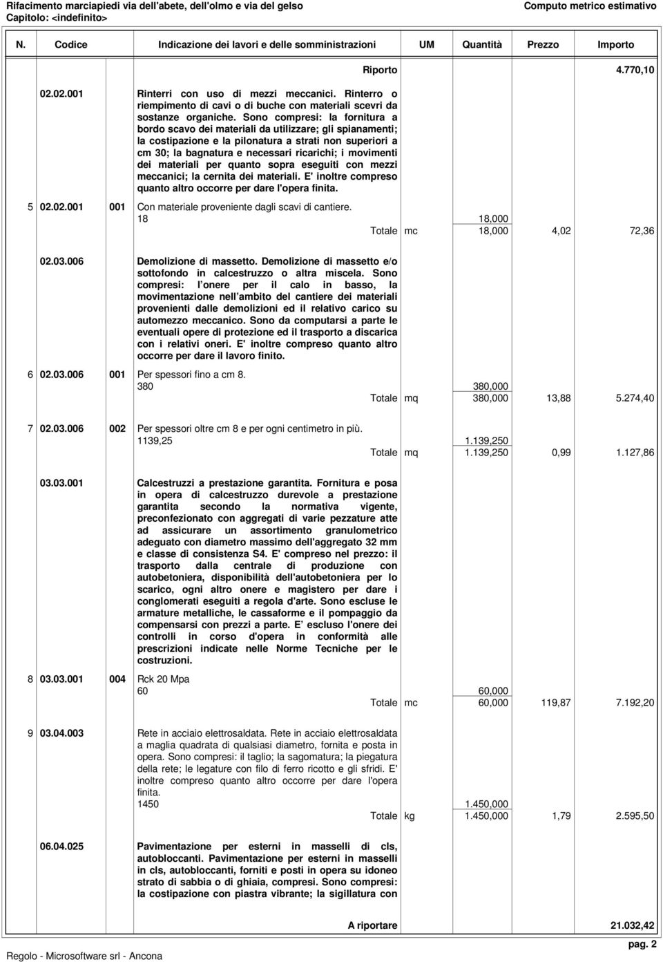 dei materiali per quanto sopra eseguiti con mezzi meccanici; la cernita dei materiali. E' inoltre compreso quanto altro occorre per dare l'opera finita. Riporto 4.770,10 5 02.