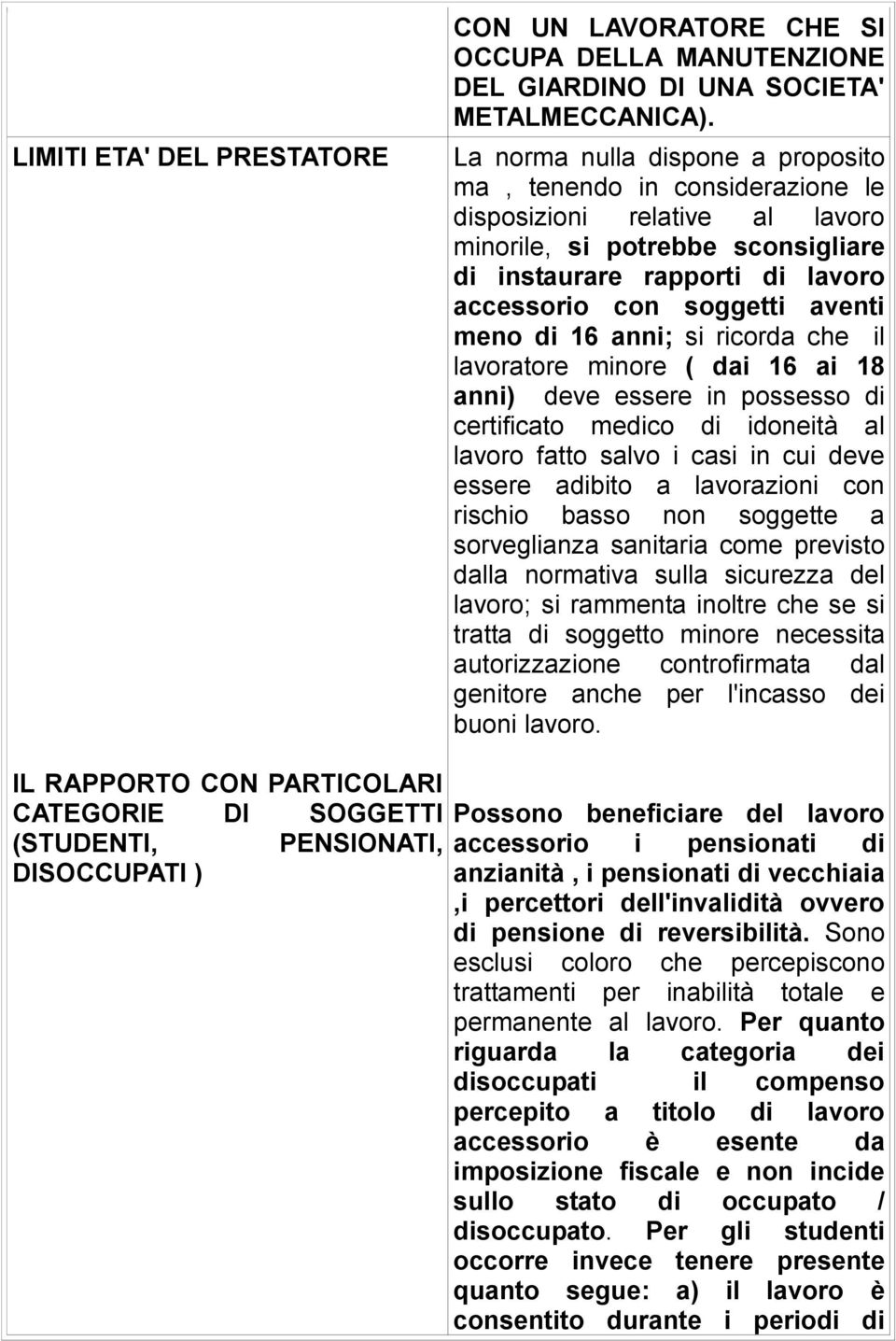 meno di 16 anni; si ricorda che il lavoratore minore ( dai 16 ai 18 anni) deve essere in possesso di certificato medico di idoneità al lavoro fatto salvo i casi in cui deve essere adibito a