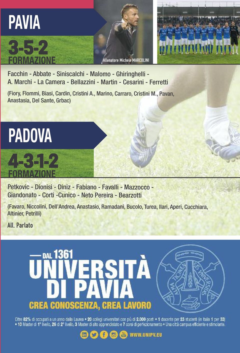 , Pavan, Anastasia, Del Sante, Grbac) PADOVA 4-3-1-2 FORMAZIONE Petkovic - Dionisi - Diniz - Fabiano - Favalli - Mazzocco - Giandonato -