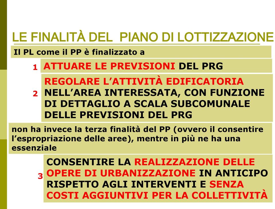 invece la terza finalità del PP (ovvero il consentire l espropriazione delle aree), mentre in più ne ha una essenziale 3