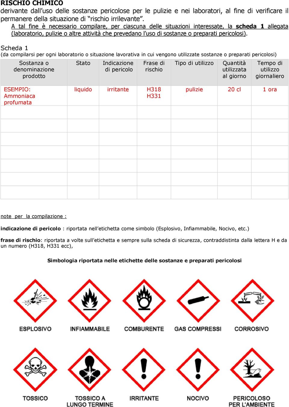 Scheda 1 (da compilarsi per ogni laboratorio o situazione lavorativa in cui vengono utilizzate sostanze o preparati pericolosi) Sostanza o denominazione prodotto Stato Indicazione di pericolo Frase