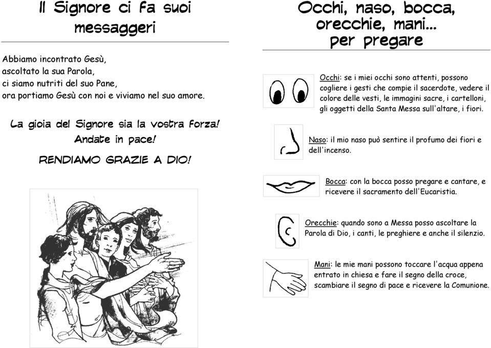 .. per pregare Occhi: se i miei occhi sono attenti, possono cogliere i gesti che compie il sacerdote, vedere il colore delle vesti, le immagini sacre, i cartelloni, gli oggetti della Santa Messa