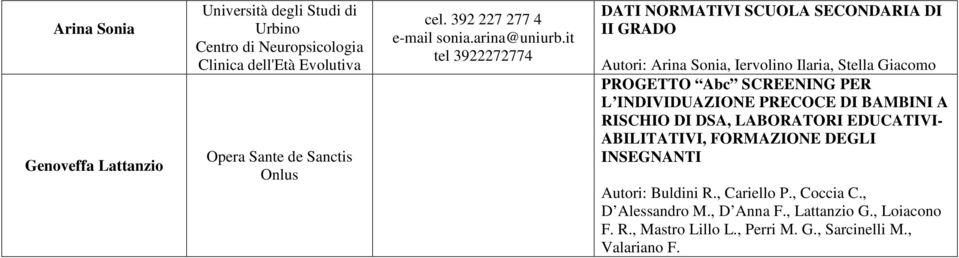 it tel 3922272774 DATI NORMATIVI SCUOLA SECONDARIA DI II GRADO Autori: Arina Sonia, Iervolino Ilaria, Stella Giacomo PROGETTO Abc SCREENING PER L