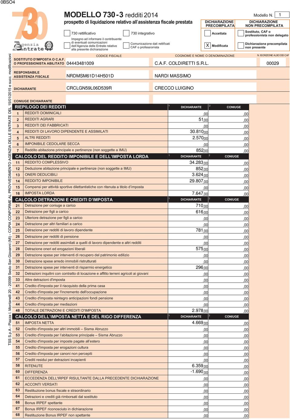 O PROFESSIONISTA ABILITATO RESPONSABILE ASSISTENZA FISCALE MODELLO 0- redditi 0 prospetto di liquidazione relativo allʼassistenza fiscale prestata Comunicazione dati rettificati CAF o professionista